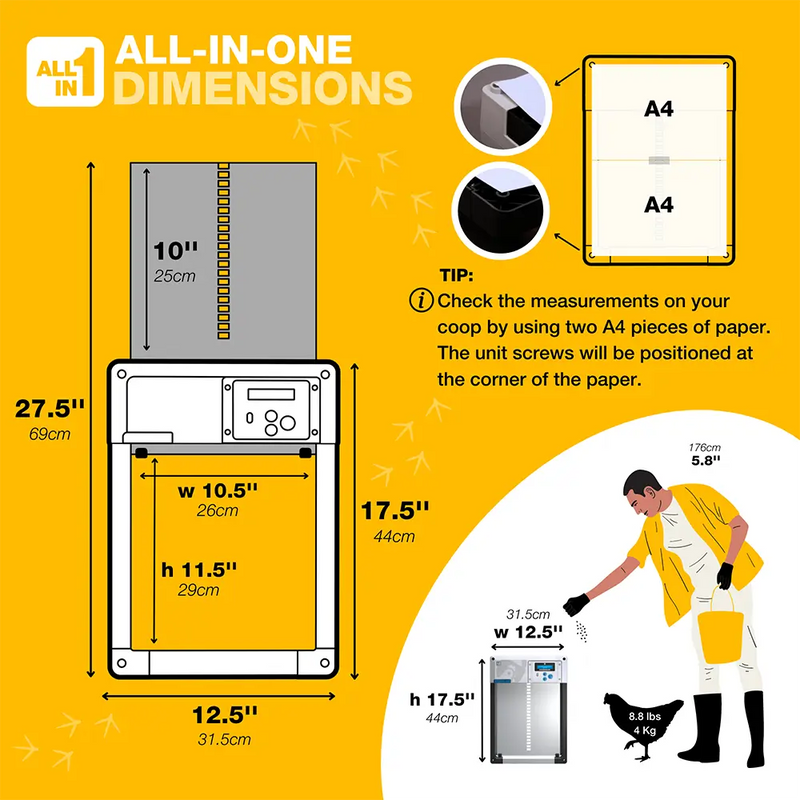 All in One Dimensions.
Check the measurements on your coop by using two A4 pieces of paper.