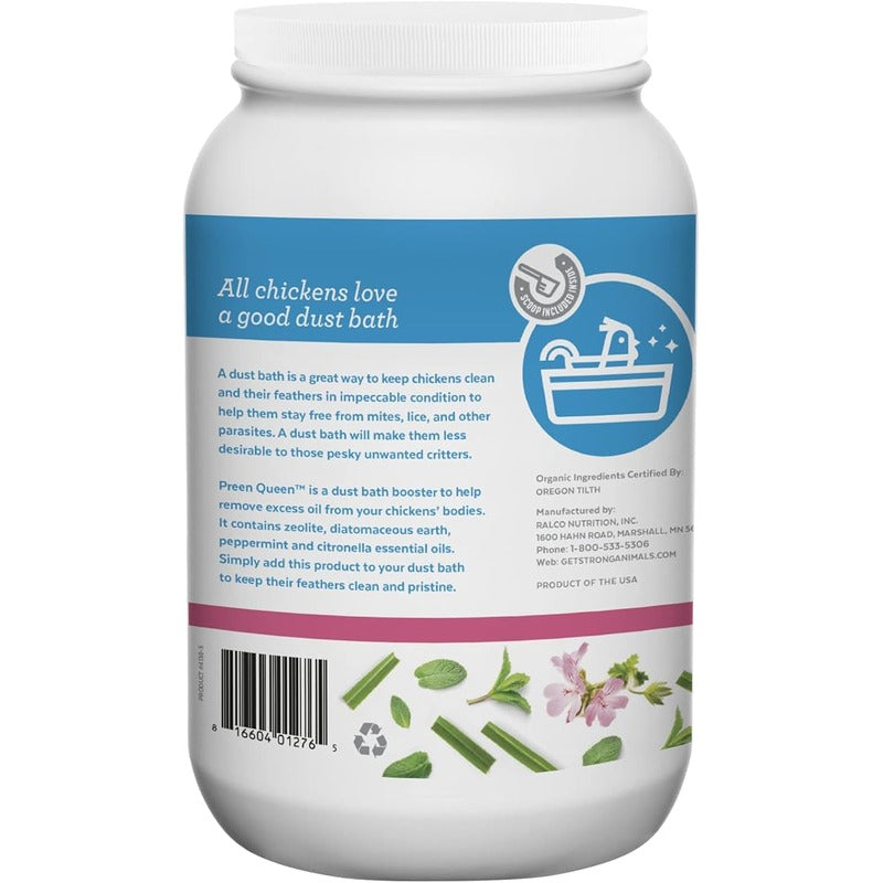 All-natural chicken dust bath mix with herbs and minerals, promotes clean and healthy feathers