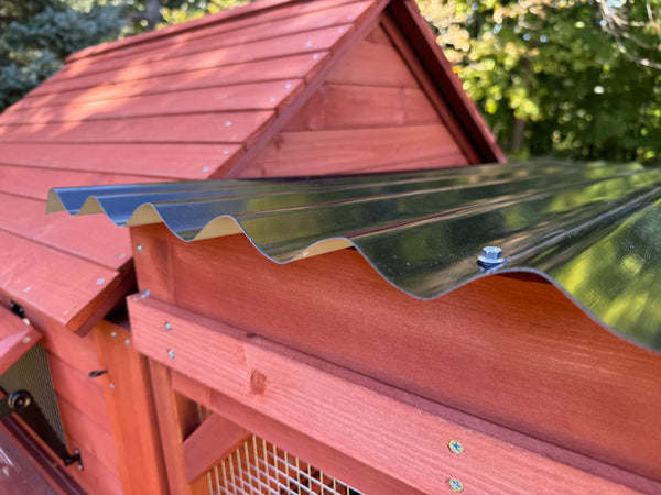 Large chicken coop setup with weather-resistant roof, perfect for homesteads and backyard flocks