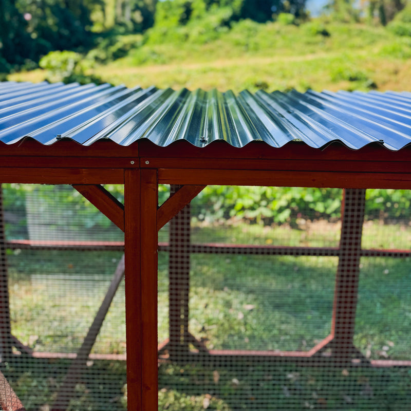 Chicken run extension roof providing added weather protection for backyard coops