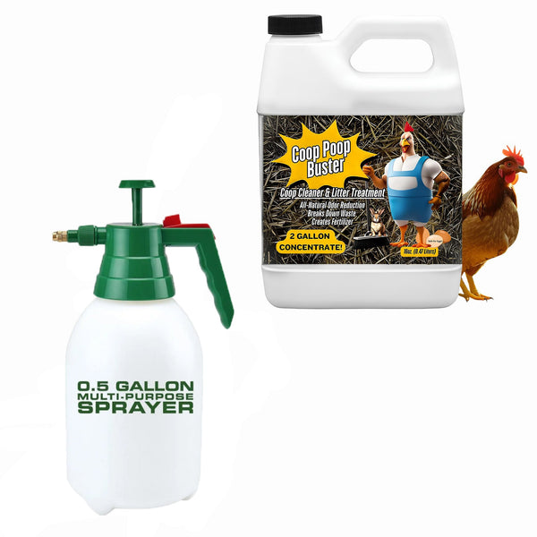 A white bottle labeled "0.5 Gallon Multi-Purpose Sprayer" is next to a cartoon-labeled gallon bottle of "Coop Poop Buster." A chicken stands beside them.