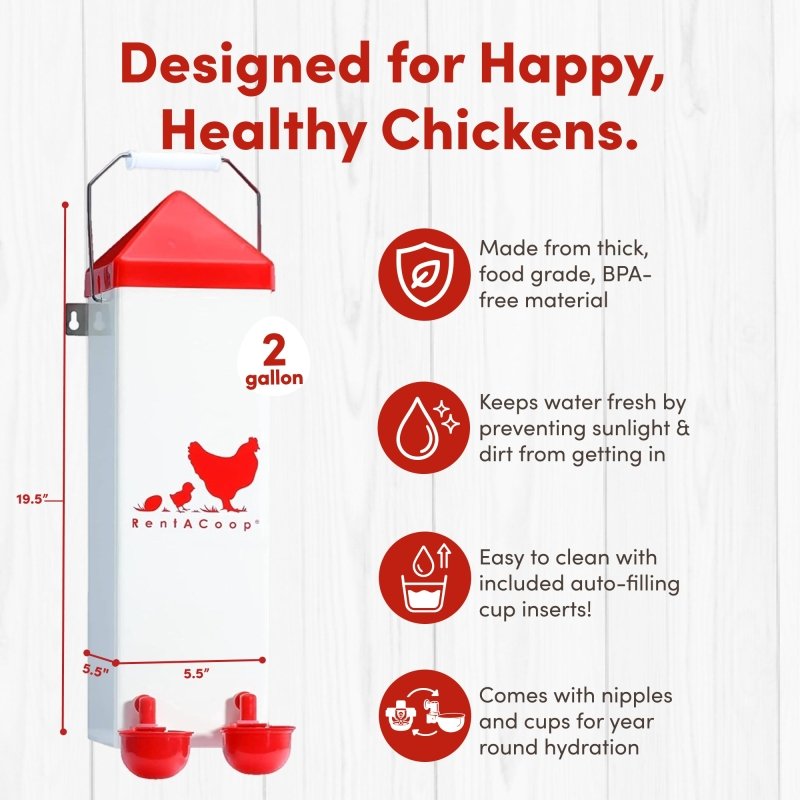 RentACoop 2 Gal Highrise Chicken Waterer with Auto-Fill Cups and Horizontal Nipples
