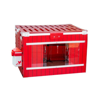 Red barn-style chicken brooder featuring white trim, clear viewing window, and integrated poultry feeder.