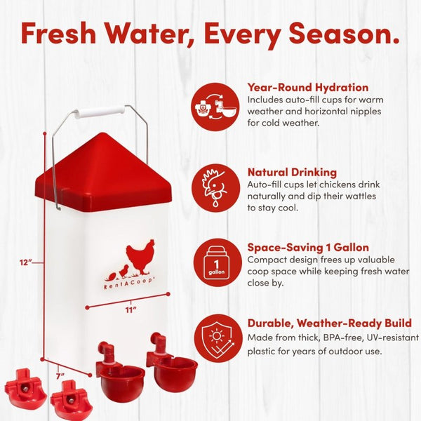 RentACoop 1 Gallon High Rise Chicken Waterer with 2 Auto-Fill Cups, Horizontal Nipples
