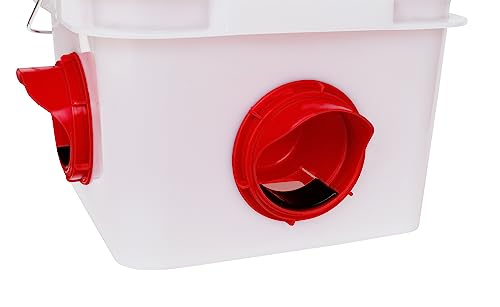 White plastic feeder with red ports shown in studio lighting, highlighting material thickness, UV-resistant finish, and precision-molded openings