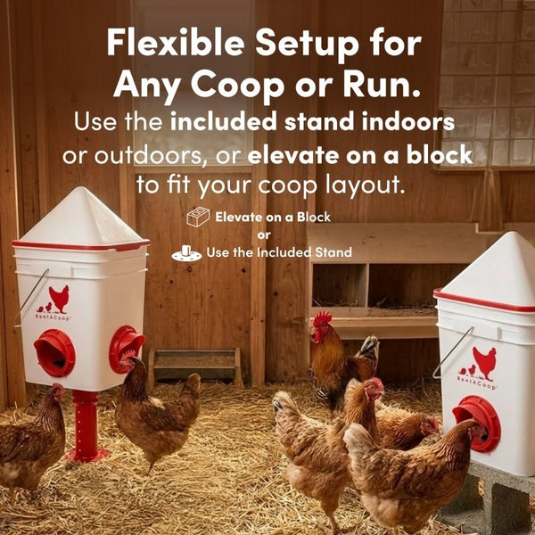RentACoop 25lb BPA-Free Chicken Feeder with 4 Large Ports and Adjustable Stand - Center Placement