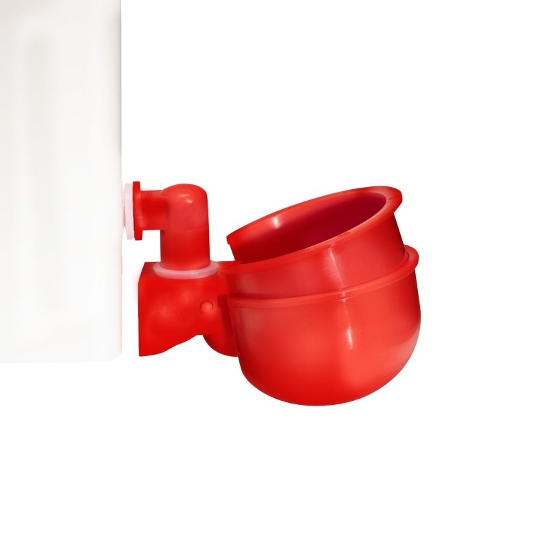 RentACoop red automatic chicken watering cup with elbow attachment, isolated on a white background.