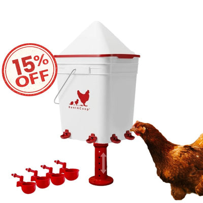 RentACoop 5 Gallon Chicken Waterer with 4 Auto-Fill Water Cups, 4 Horizontal nipples, and Adjustable Stand - Corner Placement
