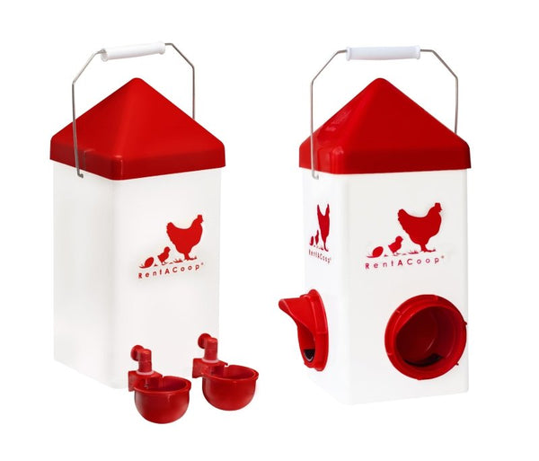 Complete chicken coop starter set: Red and white automatic waterer with cups and gravity-fed port feeder.