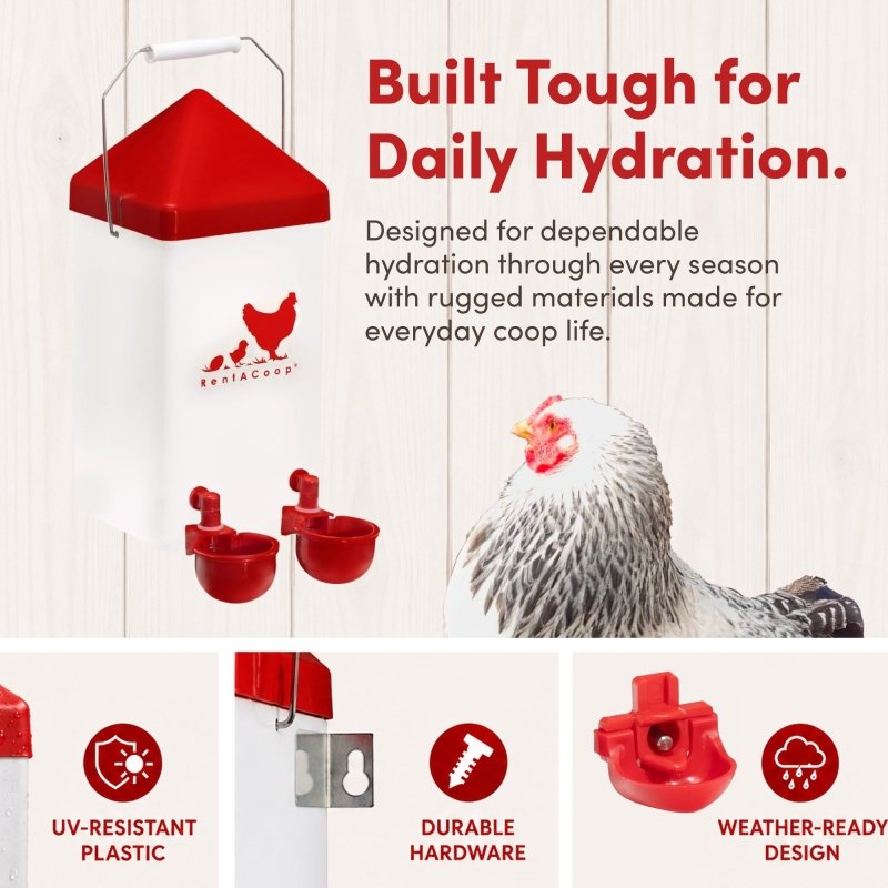 RentACoop 1 Gallon High Rise Chicken Waterer with 2 Auto-Fill Cups, Horizontal Nipples