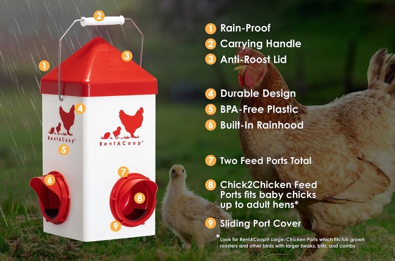 Rain-proof chicken feeder with built-in rainhoods and BPA-free plastic; durable design for outdoor use.