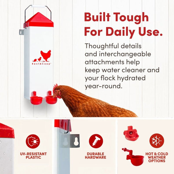 RentACoop 2 Gal Highrise Chicken Waterer with Auto-Fill Cups and Horizontal Nipples