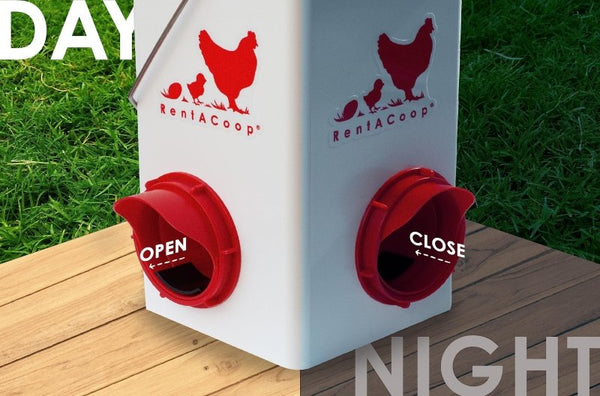 Pest-proof chicken feeder with sliding port covers; close at night to prevent rats, squirrels, and other critters.