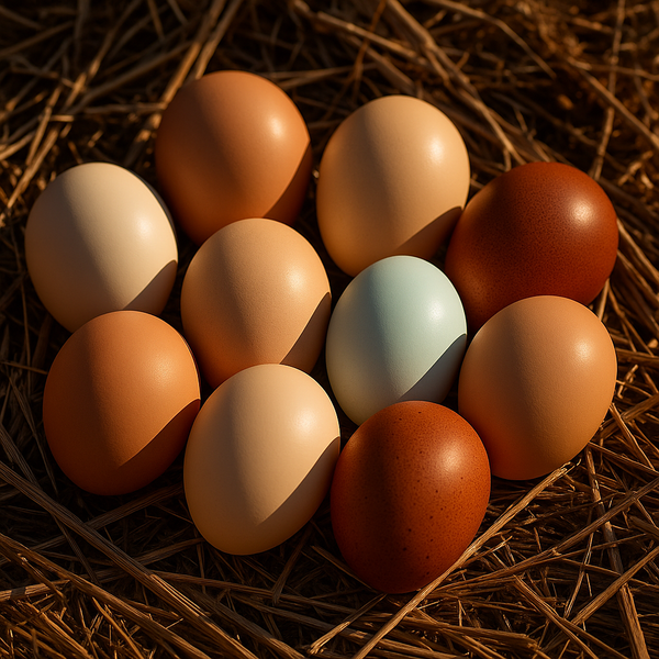 Assorted "Rainbow" hatching eggs; blue, cream, and dark brown fertile eggs on straw.