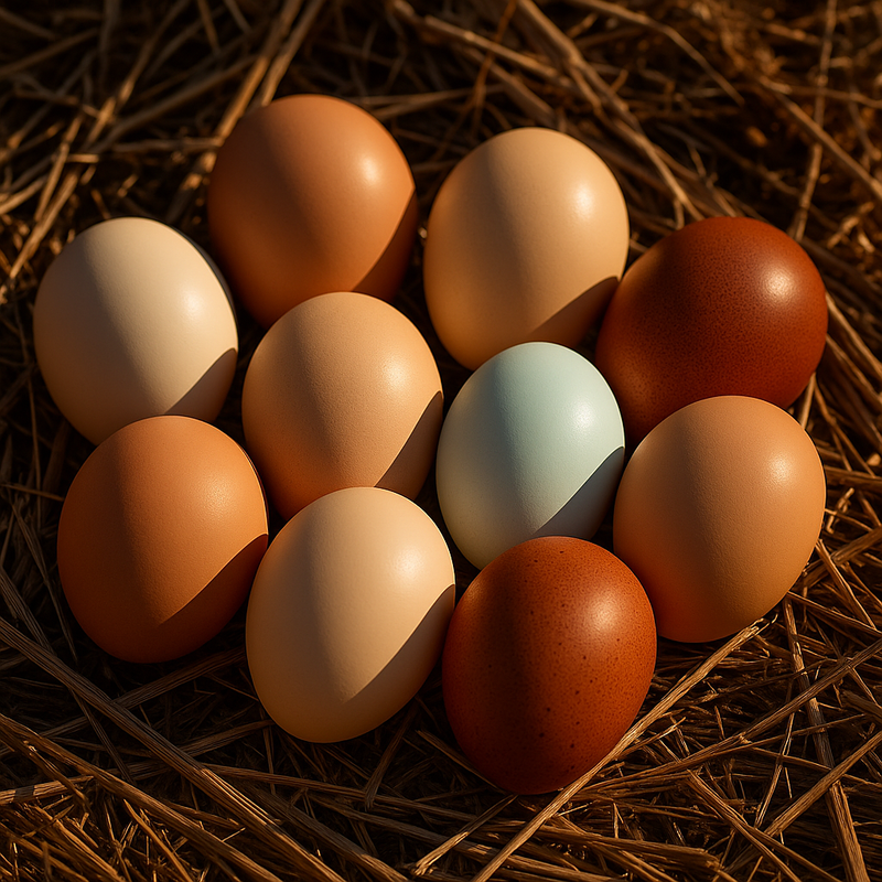 Assorted "Rainbow" hatching eggs; blue, cream, and dark brown fertile eggs on straw.