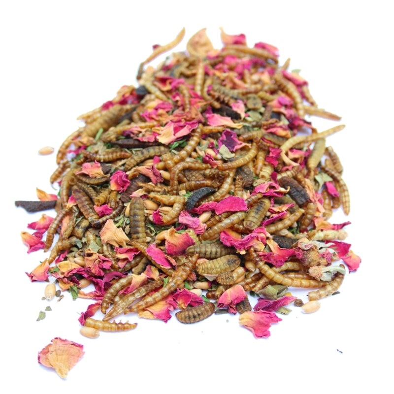Bee-a-Beautiful Hen chicken treat with mealworms, bee pollen, rose petals, and wheat
