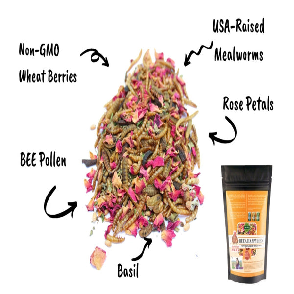 Bee A Beautiful Hen Herbal Treat with Mealworms, Wheat, Bee Pollen, & Rose Petals For Chickens