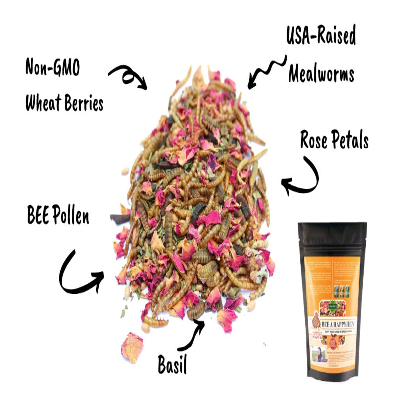 Bee A Beautiful Hen Herbal Treat with Mealworms, Wheat, Bee Pollen, & Rose Petals For Chickens