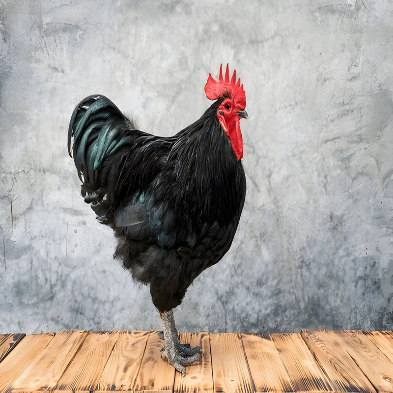 Black Australorp chicken with glossy black feathers and green sheen, known for high egg production