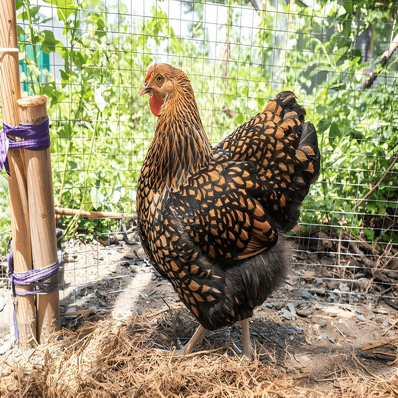 Black Laced Gold Wyandotte Chicken, a striking American breed known for its golden feathers with intricate black lacing, friendly temperament, and reliable production of medium to large brown eggs.