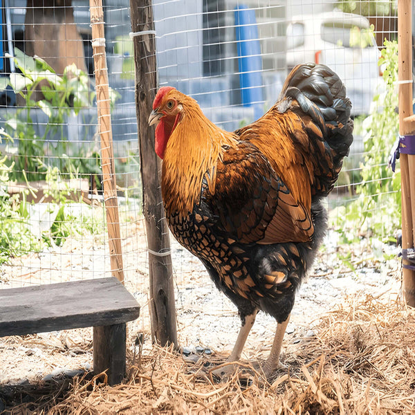 Black Laced Gold Wyandotte, featuring a robust build, cold hardiness, and a calm demeanor, ideal for families and backyard flocks due to their adaptability and gentle nature.
