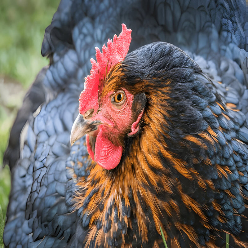 Black Sex Link chicken with sleek black plumage and reddish accents, excellent layer