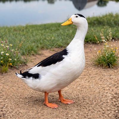 Adult Black and White Magpie duck standing near pond showing heritage waterfowl breed with water access for hatching egg buyers planning pond setups