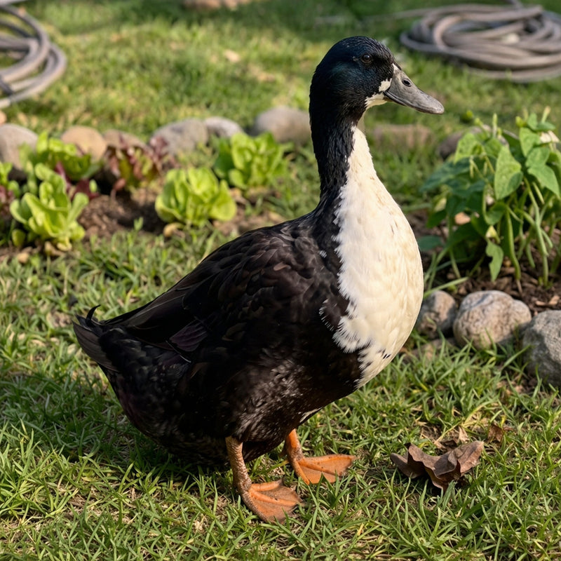 Adult Black and White Magpie duck in garden setting showing buyers the heritage waterfowl breed produced from hatching egg orders