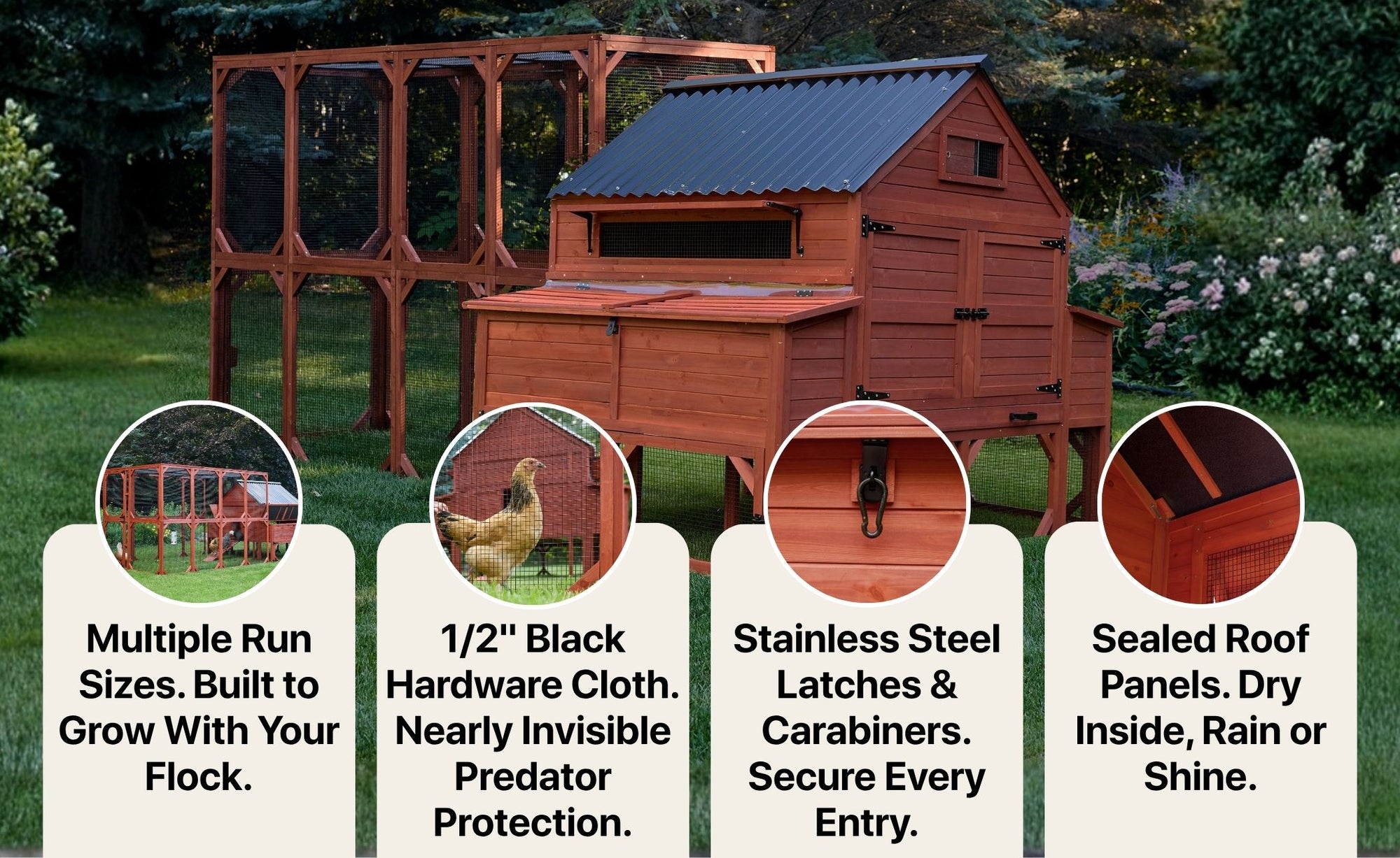 Brahma Coop feature graphic showing multiple run sizes built to grow with your flock half-inch black hardware cloth nearly invisible predator protection stainless steel latches and sealed roof panels dry inside rain or shine