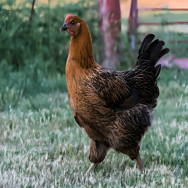 Brown Leghorn chicken with sleek brown and black plumage and upright tail