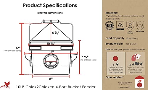 10LB Chick2Chicken 4-Port Bucket Feeder specifications: 12 inches wide, 8 inches deep, 7.25 inches tall with 10-pound feed capacity for chicks and pullets