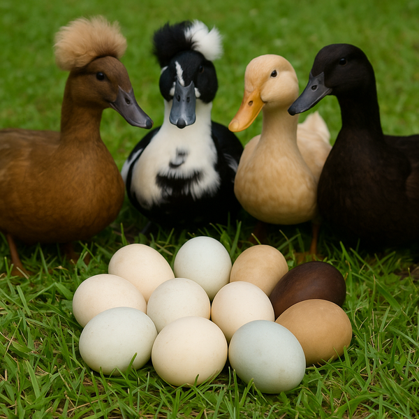 Assorted duck eggs with multiple duck breeds behind, showing natural egg color variety and backyard poultry quality