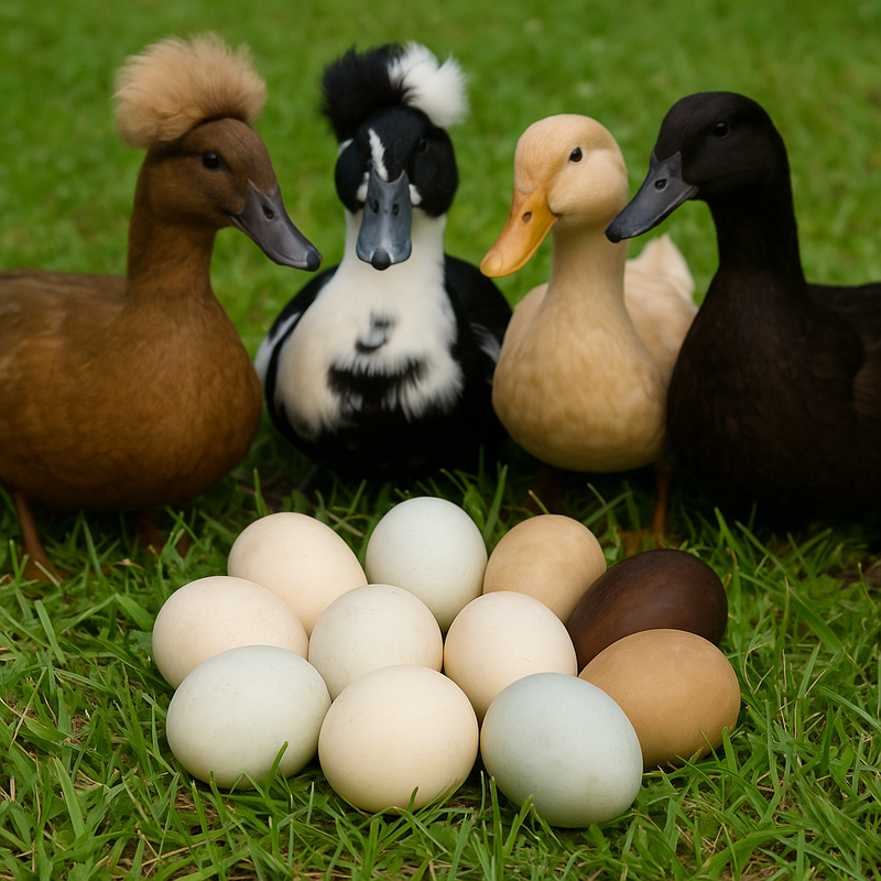 Assorted duck eggs with multiple duck breeds behind, showing natural egg color variety and backyard poultry quality