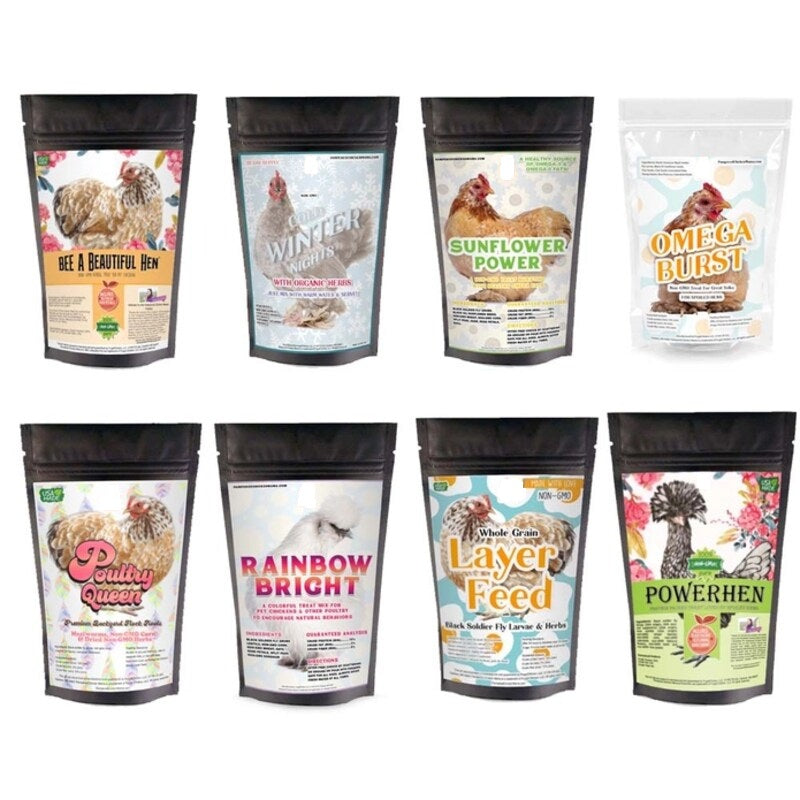 Assorted poultry treat set featuring high-protein and nutrient-rich snacks for hens