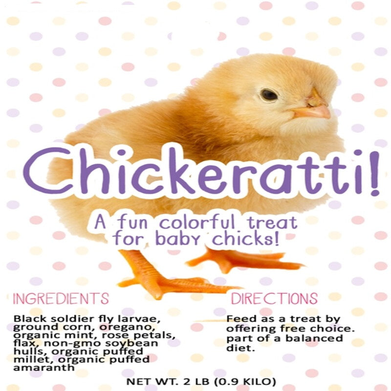 Nutritious treat for baby chicks, includes grains, herbs, and mealworms to support development