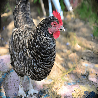 Cuckoo Marans chicken with bold barred feathers and soft feathered legs
