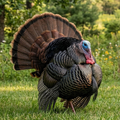 Eastern Wild Turkey tom in full strut display with fanned tail feathers showing breeding behavior for game bird hatching egg buyers