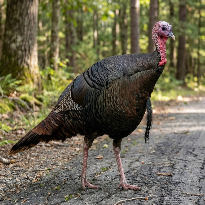 Eastern Wild Turkey hatching eggs product image showing adult bird with bare red head and dark bronze feathers for native game bird breeding
