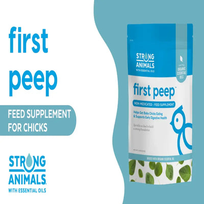First Peep is a non-medicated feed supplement that naturally supports digestive health in baby chicks the first few weeks of life. Sprinkle on feed to get baby chicks eating. Contains organic oregano essential oil, kelp and prebiotics. Available in a 2 lb. resealable pouch.