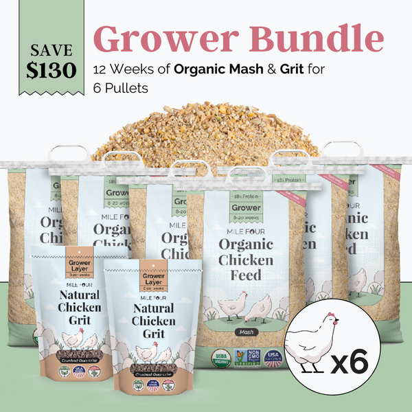 Bundle includes everything 6 grower chickens need from week 8 till week 20 when they transition to layer feed.