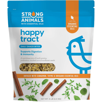 Happy Tract™ promotes digestive health in your flock. It contains oregano, cinnamon and thyme essential oils, prebiotics, multi-grains, cracked corn and sunflower seed.