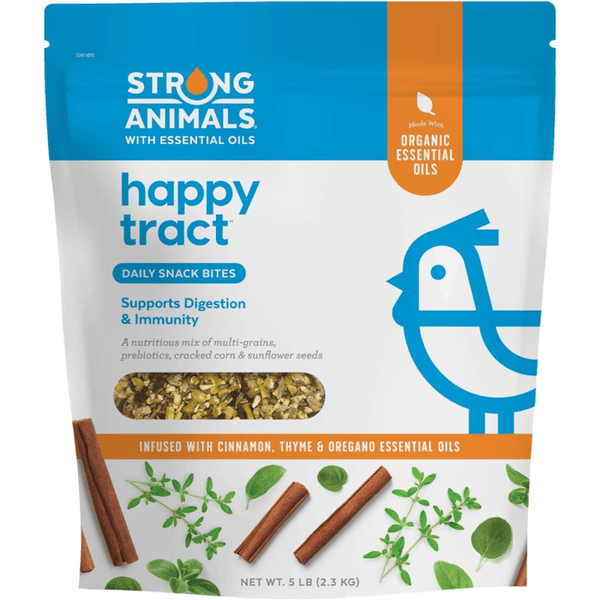 Happy Tract™ promotes digestive health in your flock. It contains oregano, cinnamon and thyme essential oils, prebiotics, multi-grains, cracked corn and sunflower seed.