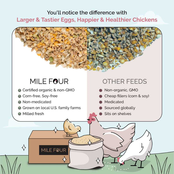 Chicken scratch is a treat (like candy) for chickens & should not consist of more than 10% of any chickens diet.