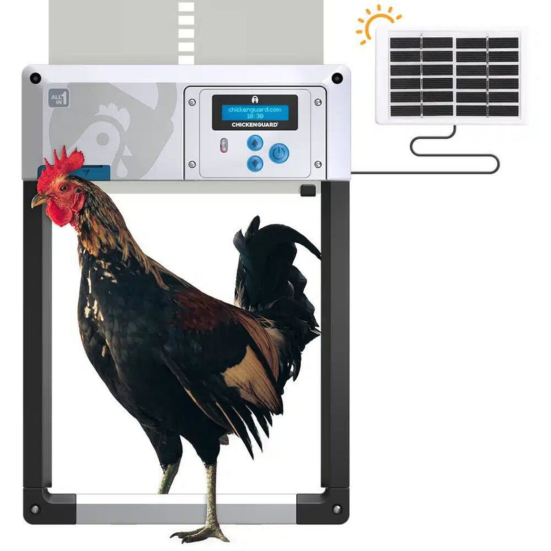 ChickenGuard All-in-One automatic coop door with solar panel and LCD control screen for predator protection.