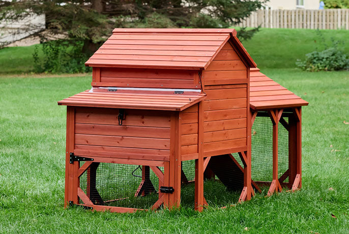 Leghorn Carousel Chicken Coop: Red elevated wooden house with side nesting box and secure integrated run.