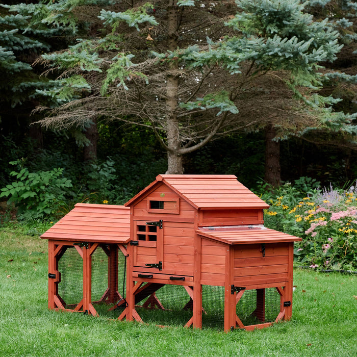  Red wooden Leghorn cottage chicken coop with attached enclosed walk-in run in a landscaped garden, side view