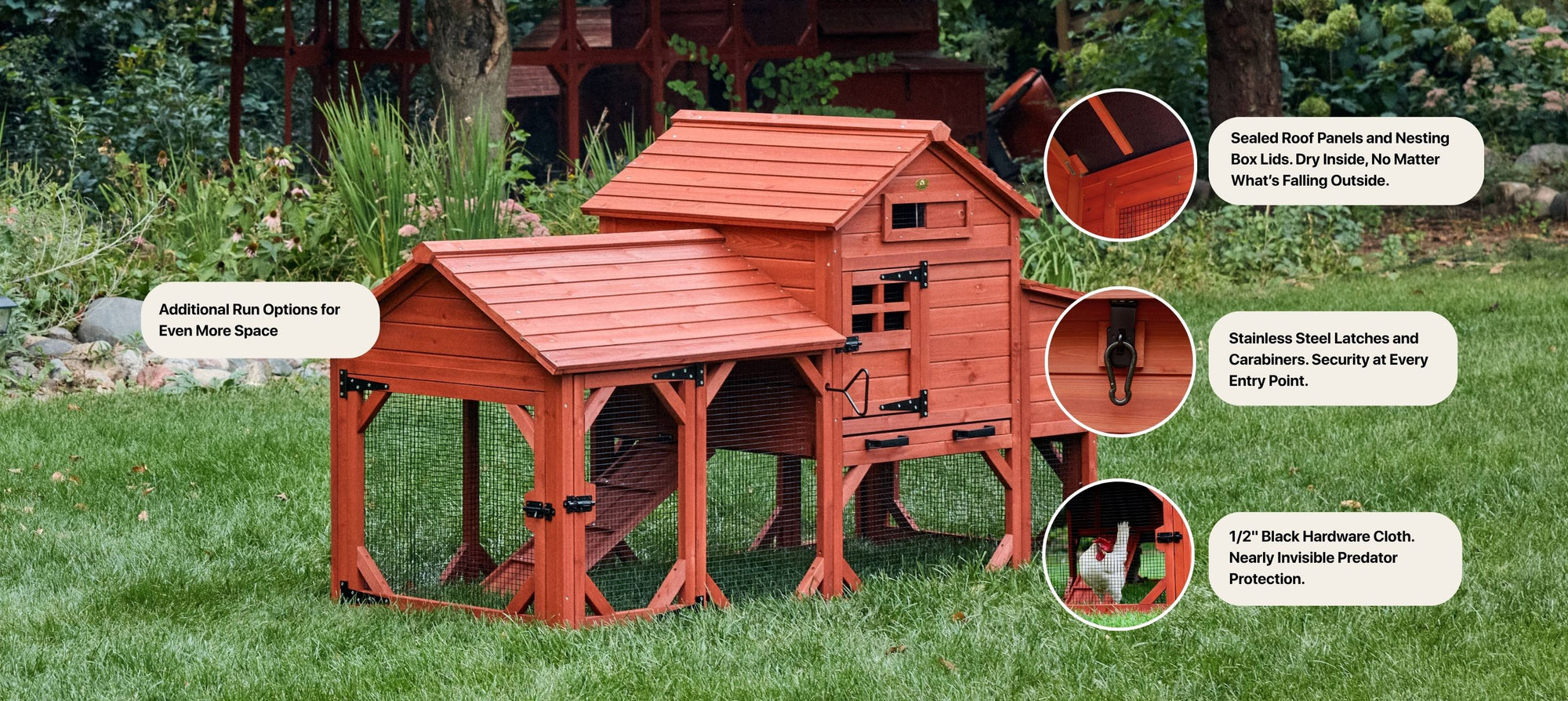 Leghorn Coop feature graphic showing additional run options for even more space sealed roof panels and nesting box lids dry inside no matter what's falling outside stainless steel latches and carabiners security at every entry point and 1/2 inch black hardware cloth nearly invisible predator protection