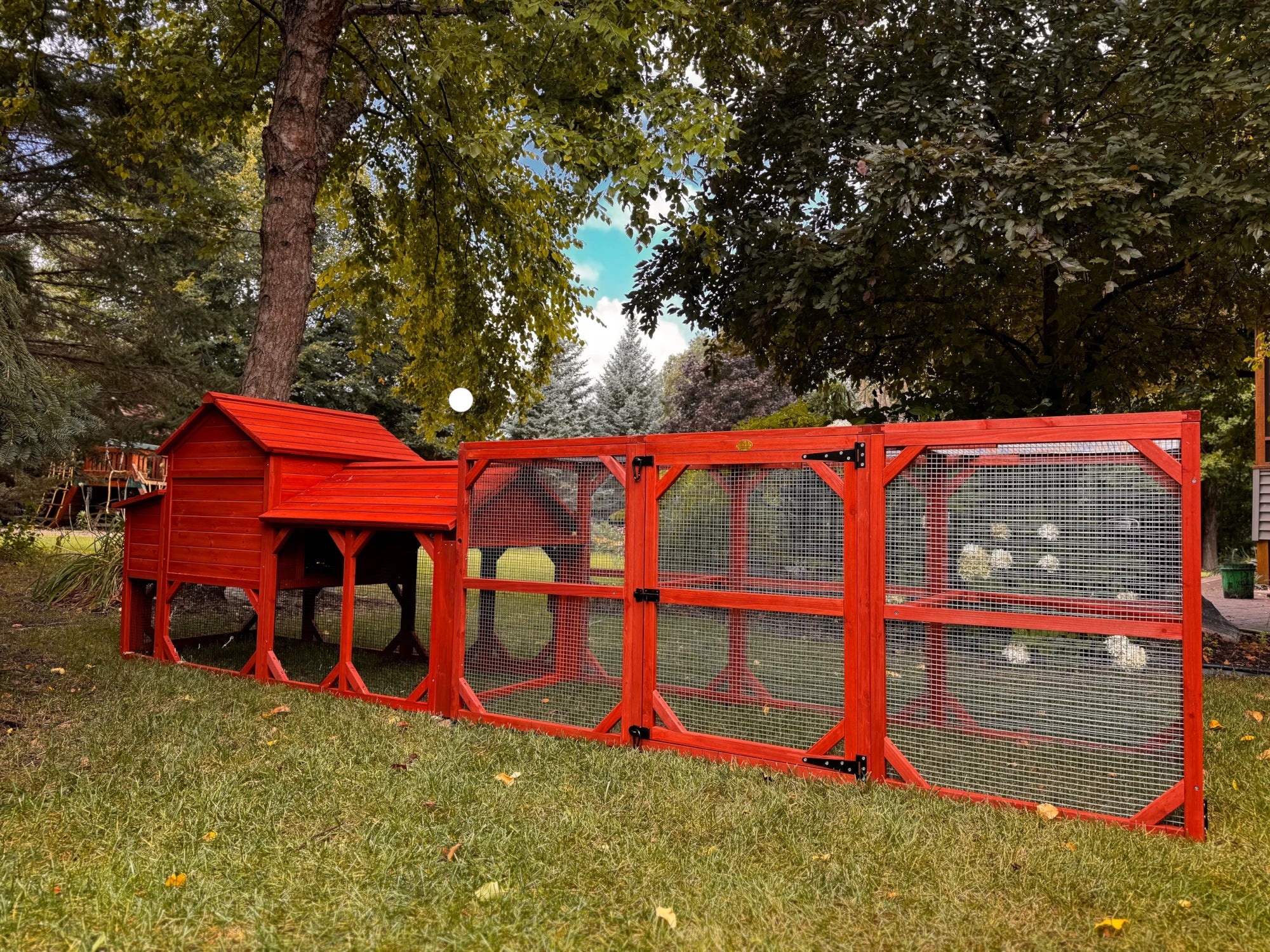 Leghorn Cottage Coop with run extension: red wooden elevated hen house, nesting boxes, wire-enclosed outdoor run for 4-6 chickens, secure predator-resistant design.