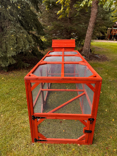 Leghorn Cottage Coop with run extension: red wooden hen house, nesting boxes, secure wire run for 4-6 chickens, predator-proof design.