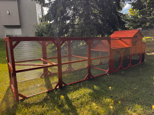 Leghorn Cottage Coop with run: red wooden hen house, nesting boxes, wire-enclosed run, predator-resistant design in a sunny garden.